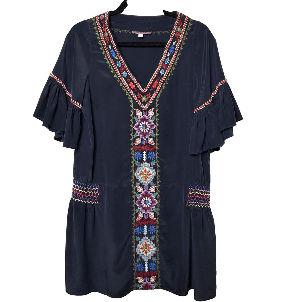 Calypso St. Barth Embroidered 100% silk Dropwaist Dress S Boho Resort Coastal